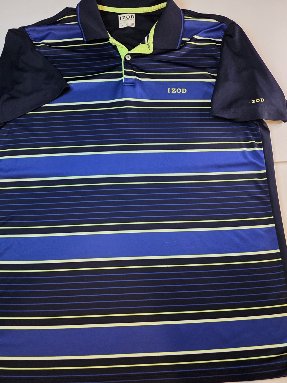 IZOD Golf Men's Striped Polo in Navy & Royal Blue with Lime Accents Size L